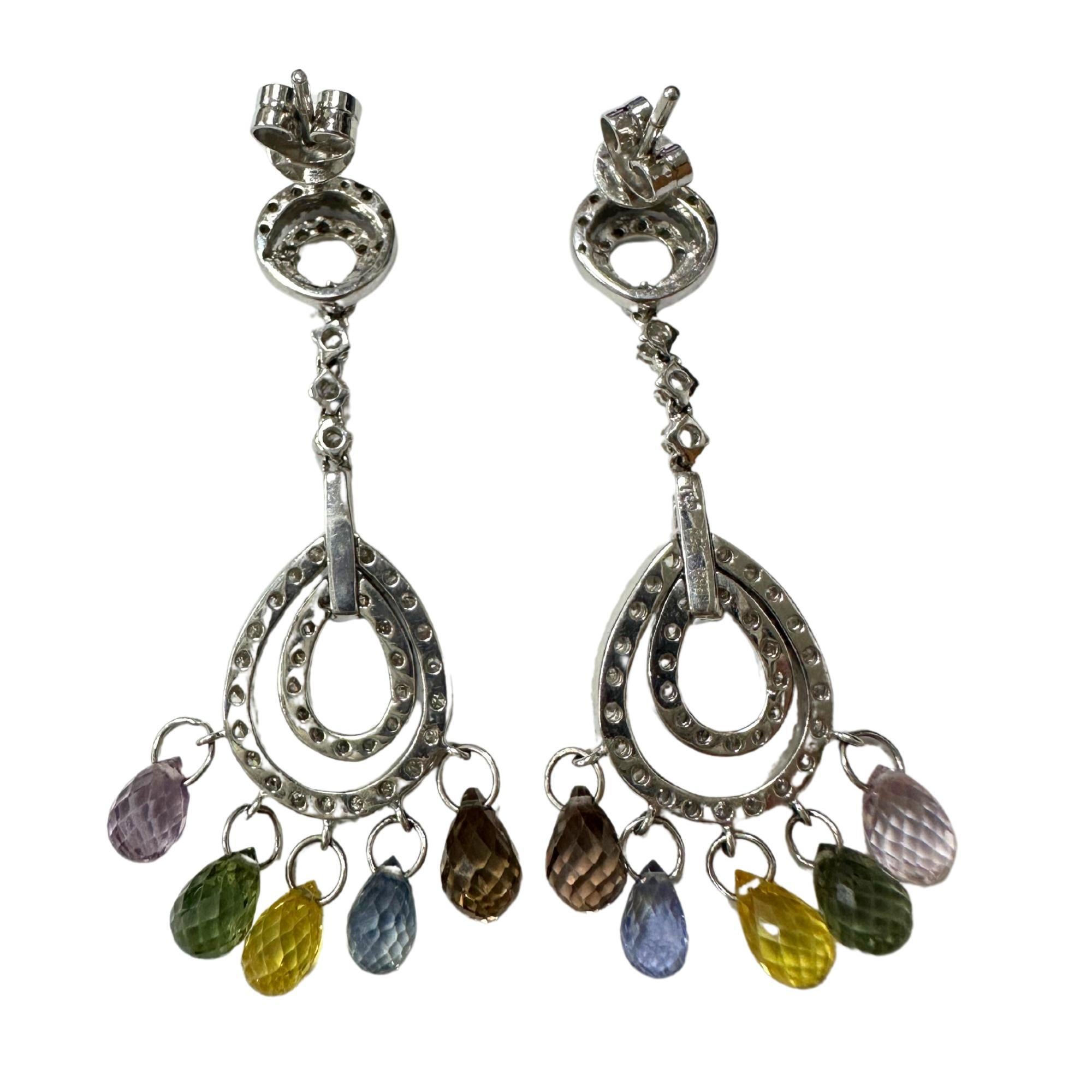 Briolette Cut 18K White Gold Diamond and Briolette Multicolor Sapphire Earrings For Sale