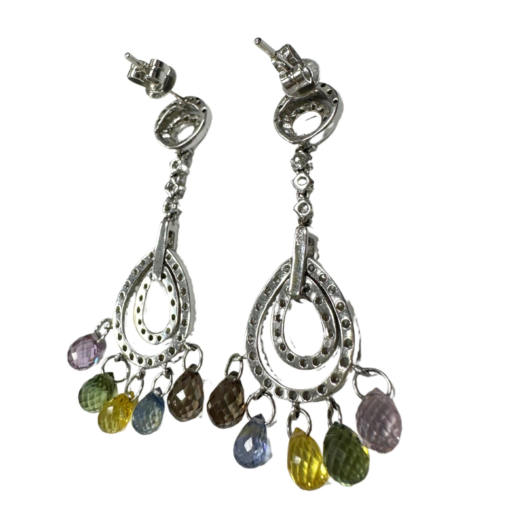 18K White Gold Diamond and Briolette Multicolor Sapphire Earrings In Good Condition For Sale In New York, NY
