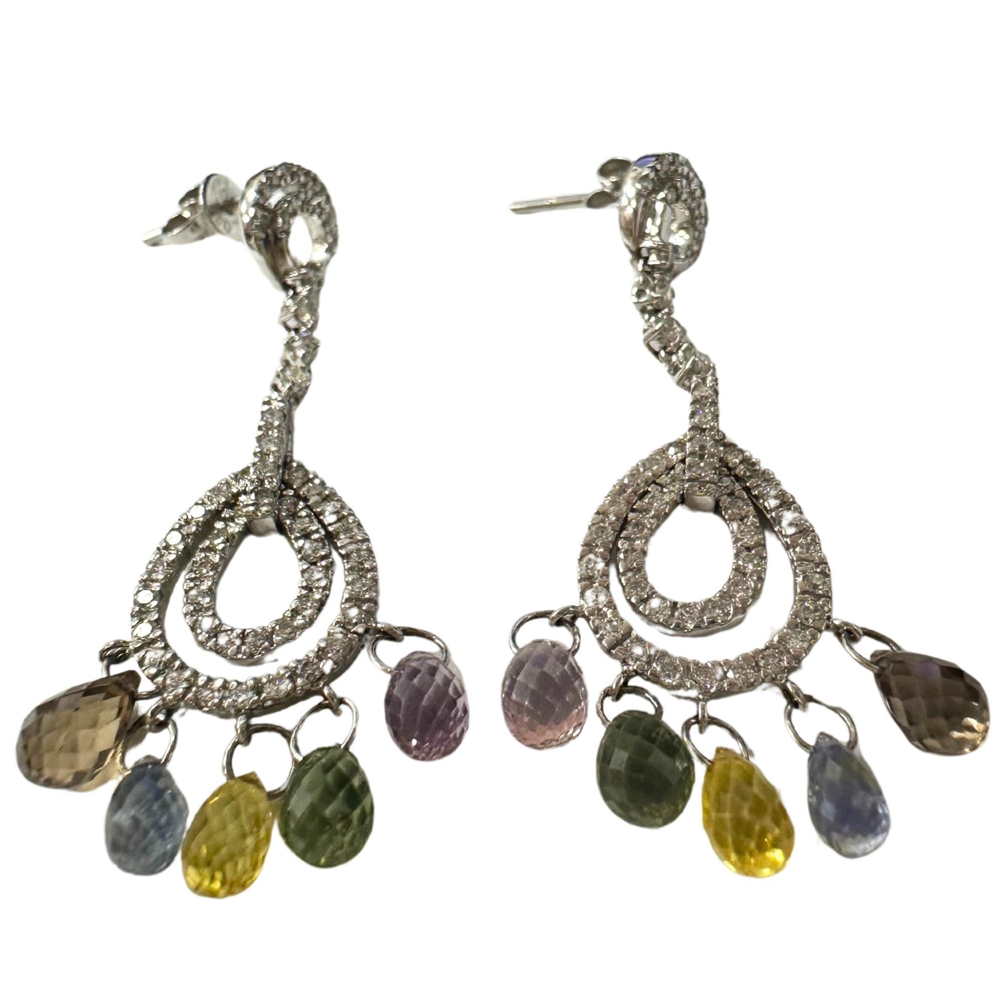 Women's 18K White Gold Diamond and Briolette Multicolor Sapphire Earrings For Sale