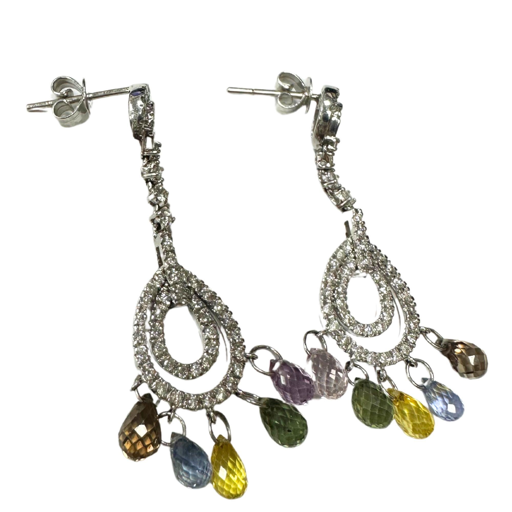 18K White Gold Diamond and Briolette Multicolor Sapphire Earrings For Sale 1