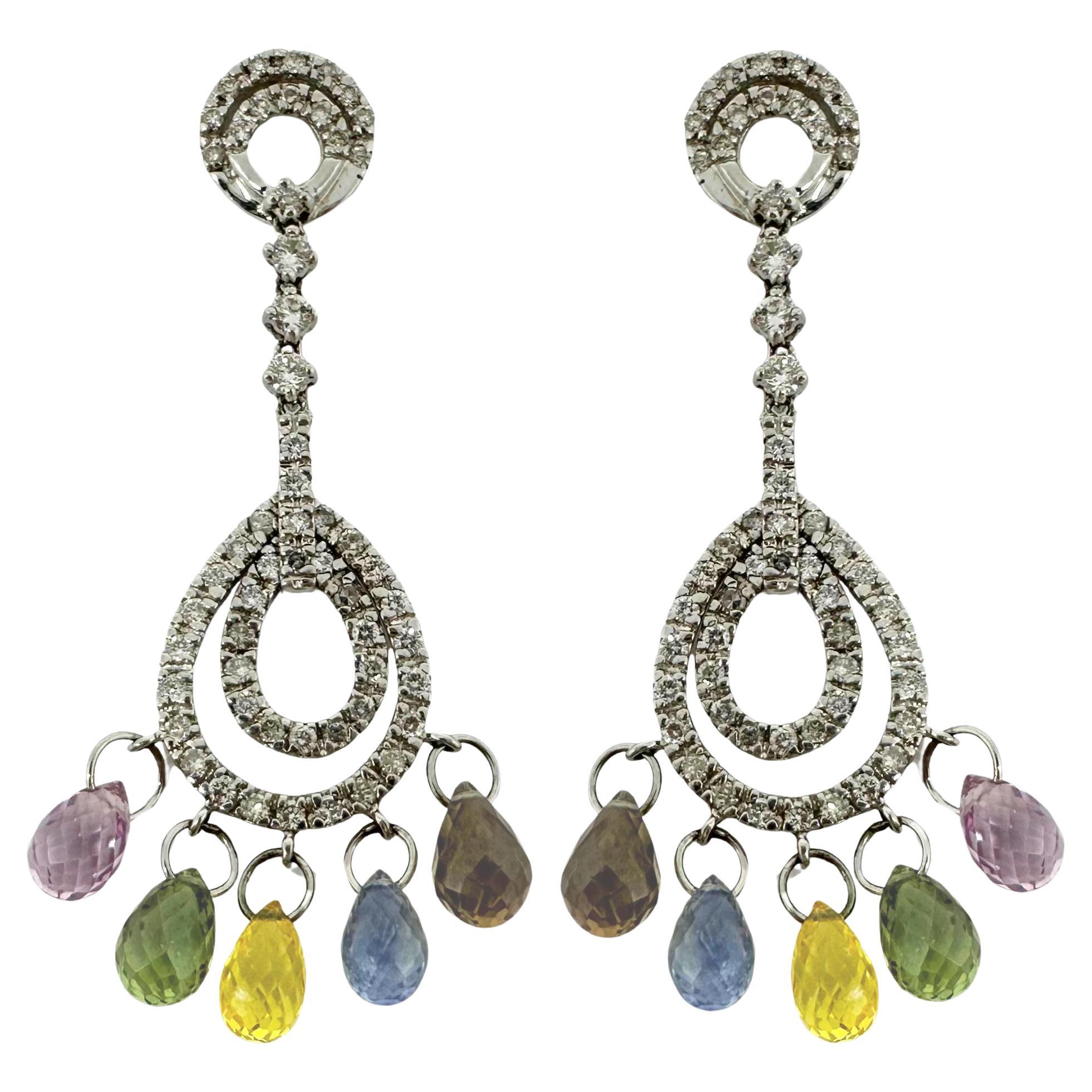 18K White Gold Diamond and Briolette Multicolor Sapphire Earrings