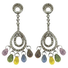 18K White Gold Diamond and Briolette Multicolor Sapphire Earrings