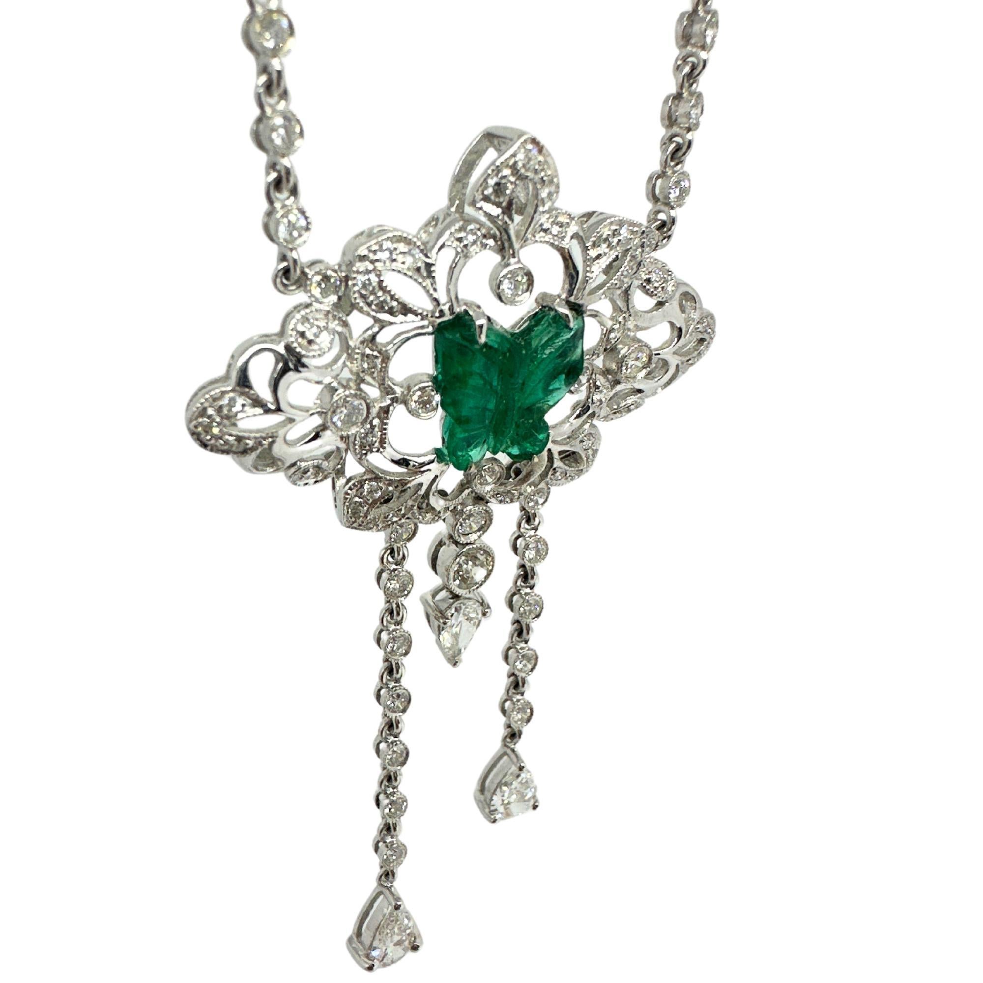 Mixed Cut 18K White Gold Diamond and Butterfly Shaped Emerald Necklace For Sale