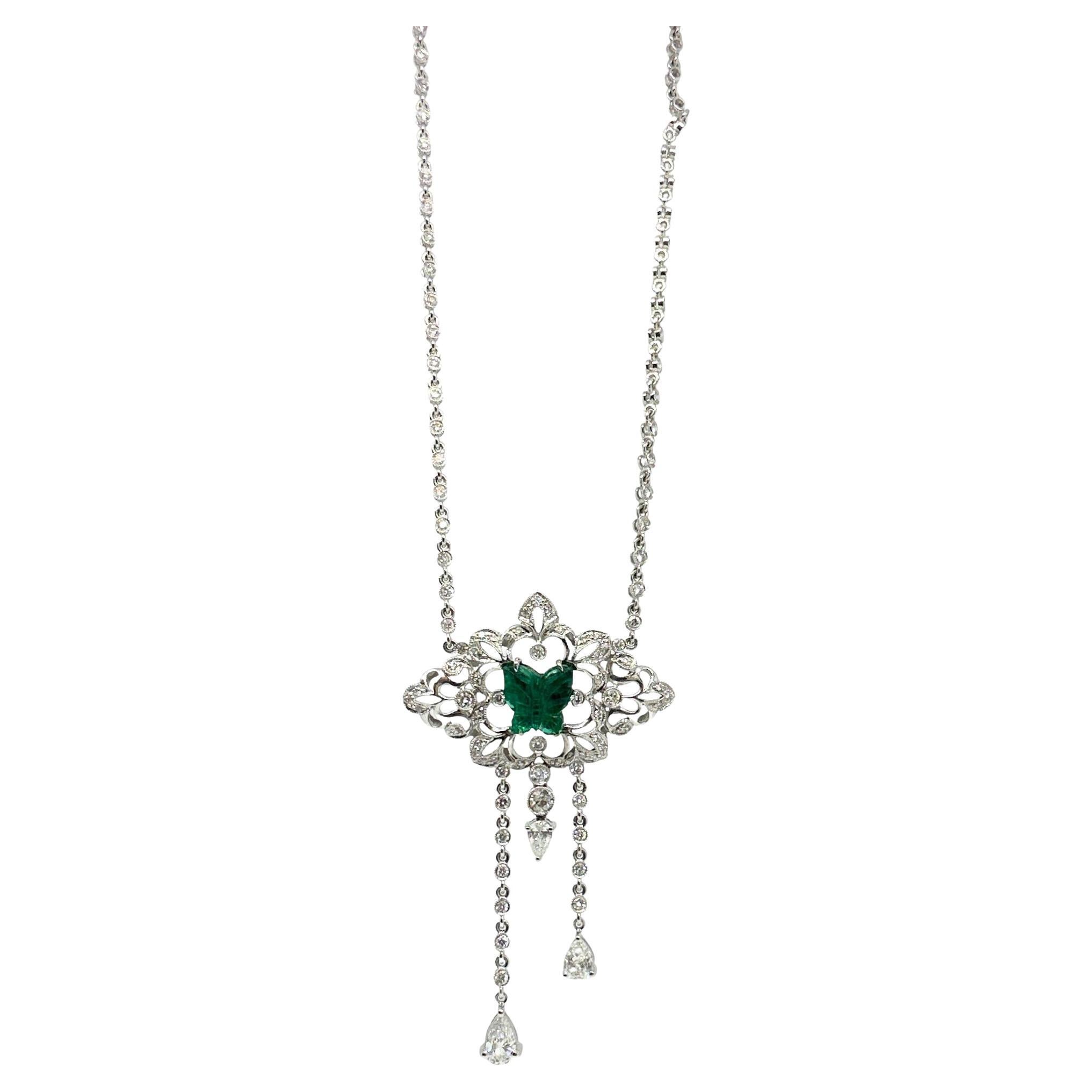 18K White Gold Diamond and Butterfly Shaped Emerald Necklace