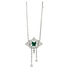 18K White Gold Diamond and Butterfly Shaped Emerald Necklace