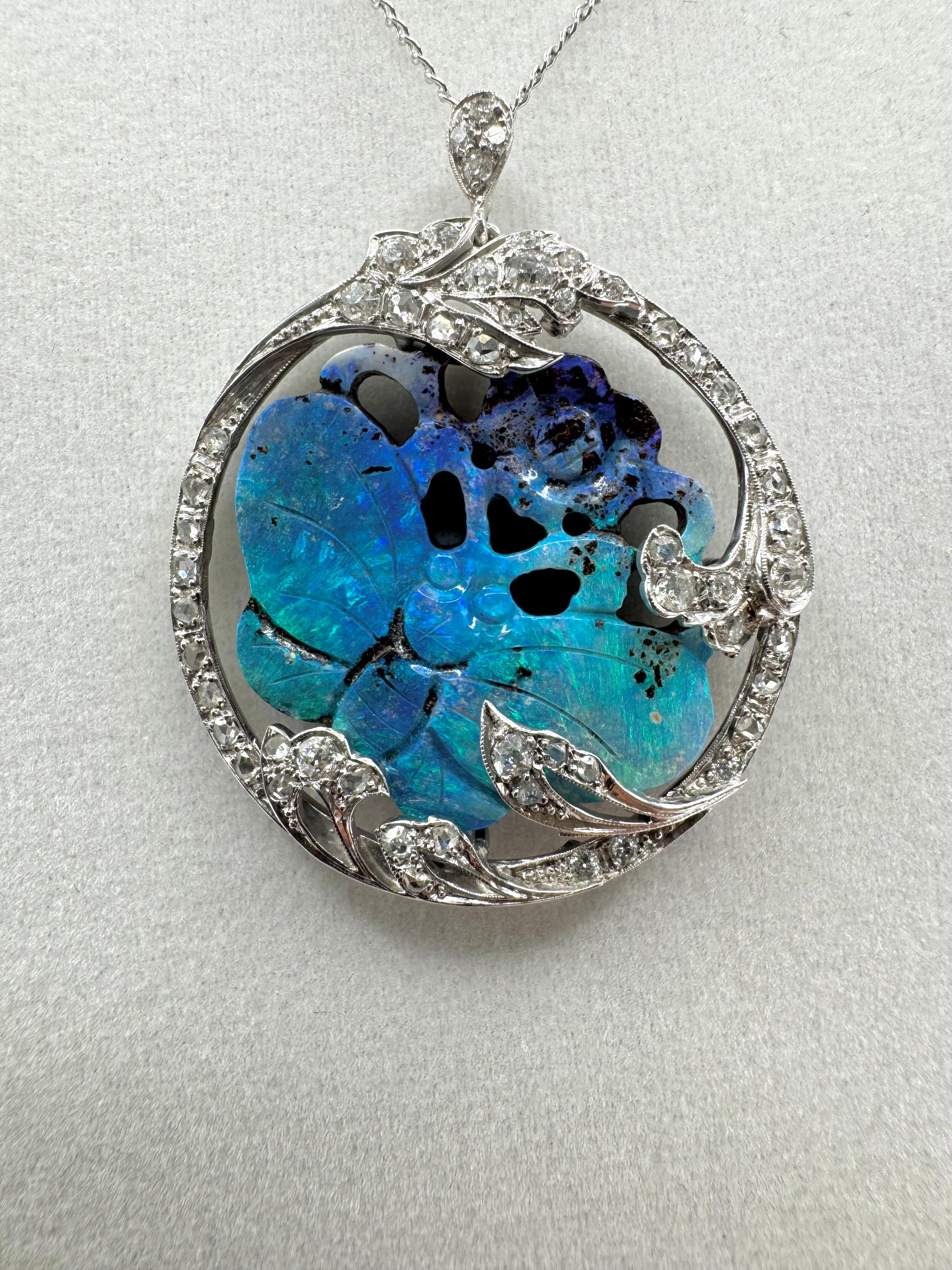 Taille brillant 18K White Gold Diamond and Carved Opal Butterfly Necklace en vente