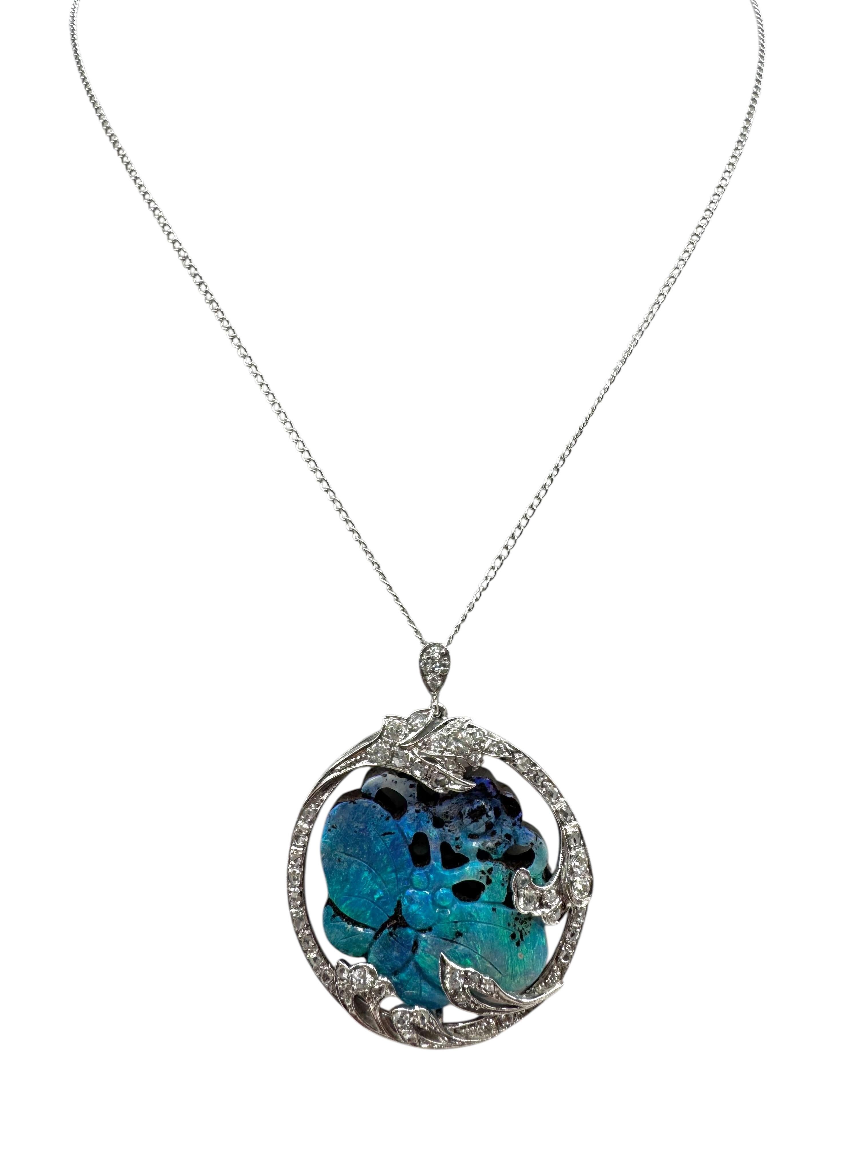 18K White Gold Diamond and Carved Opal Butterfly Necklace