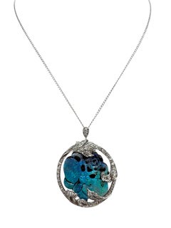 18K White Gold Diamond and Carved Opal Butterfly Necklace