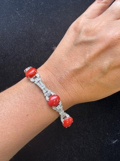 18K White Gold Diamond and Coral Bracelet