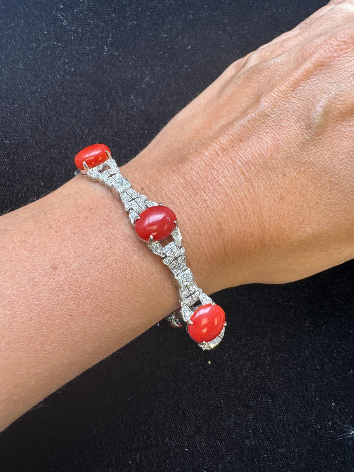 da uomo o donna Bracciale con diamanti e corallo in oro bianco 18 carati in vendita