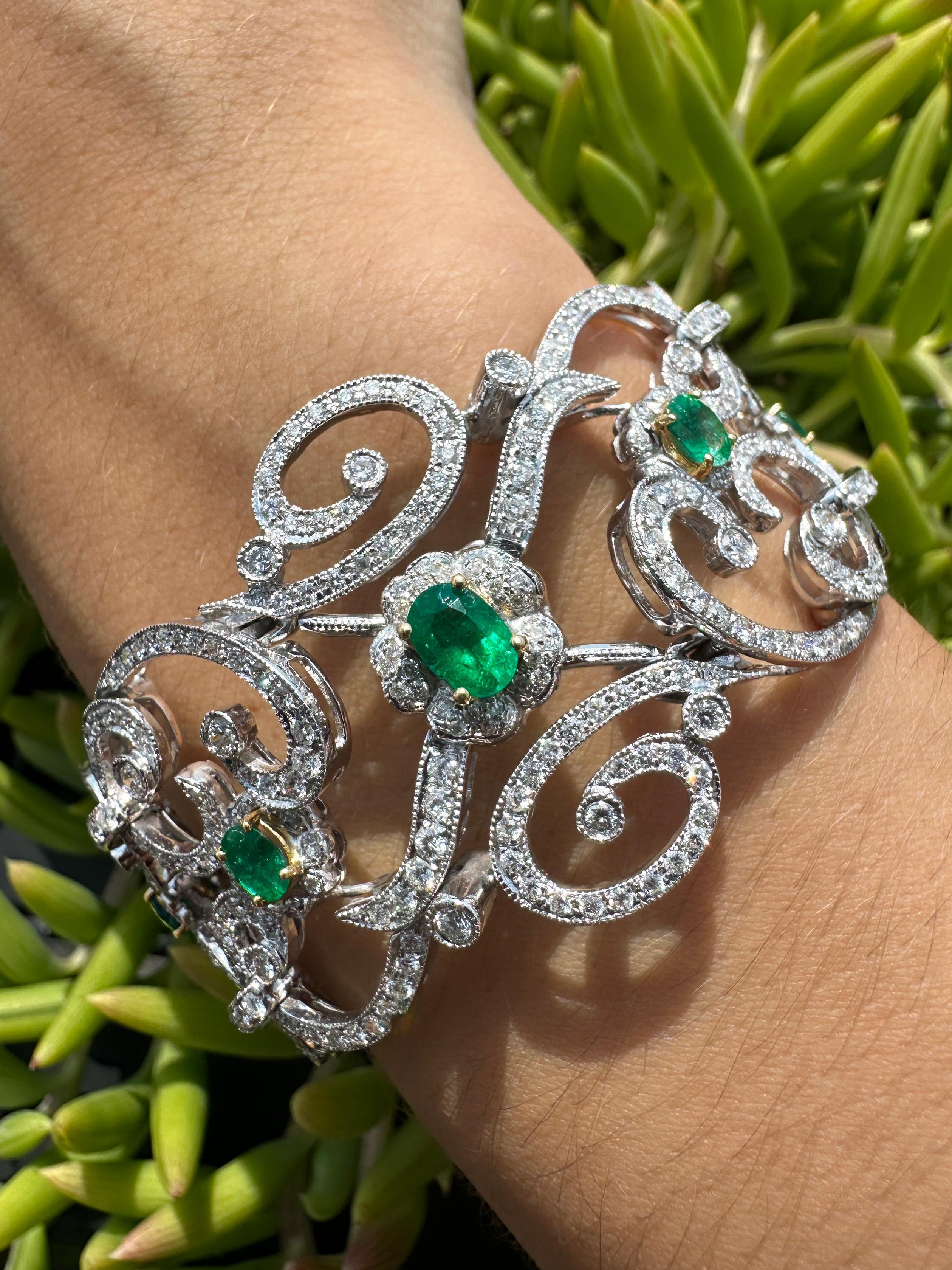 Showcasing our 18K White Gold Diamond and Emerald Bracelet. This bracelet is adorned with 7.06 carats of dazzling diamonds and 2.84 carats of rich oval cut emeralds. The perfect statement piece for any occasion. 