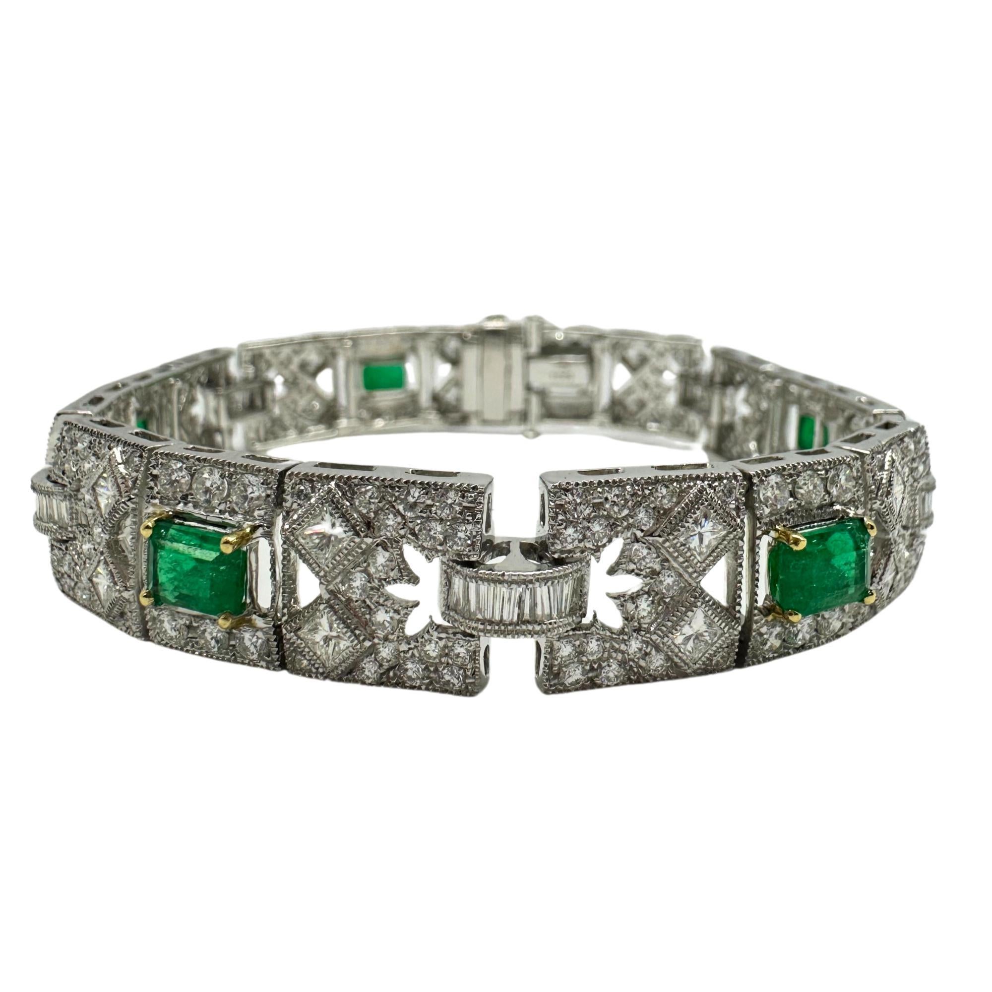 18K White Gold Diamond and Emerald Bracelet
Condition: In good condition with some minor surface wear consistent with age.
Length: 7.5 inches
Width: 0.50 inches wide
Markings: “T1365” 