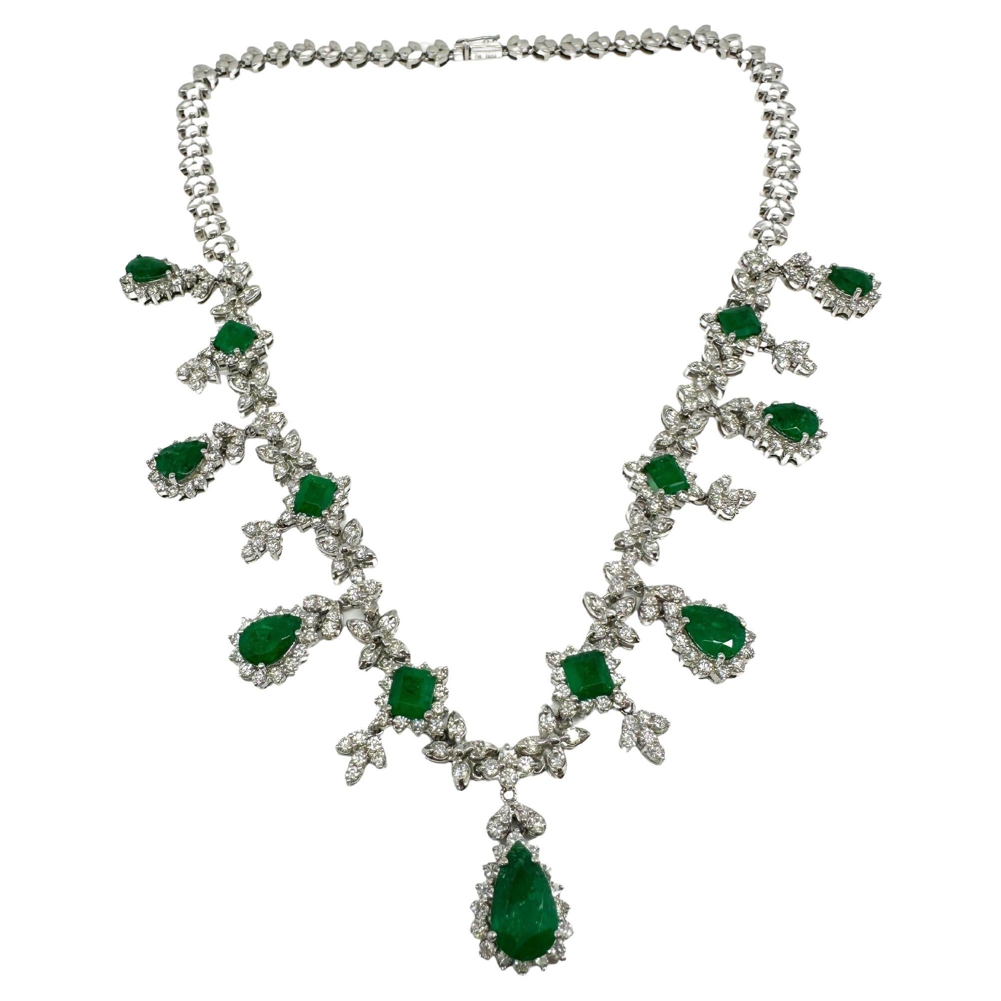 18K White Gold Diamond and Emerald Cut and Pear Cut Emerald Necklace