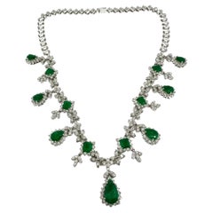 18K White Gold Diamond and Emerald Cut and Pear Cut Emerald Necklace