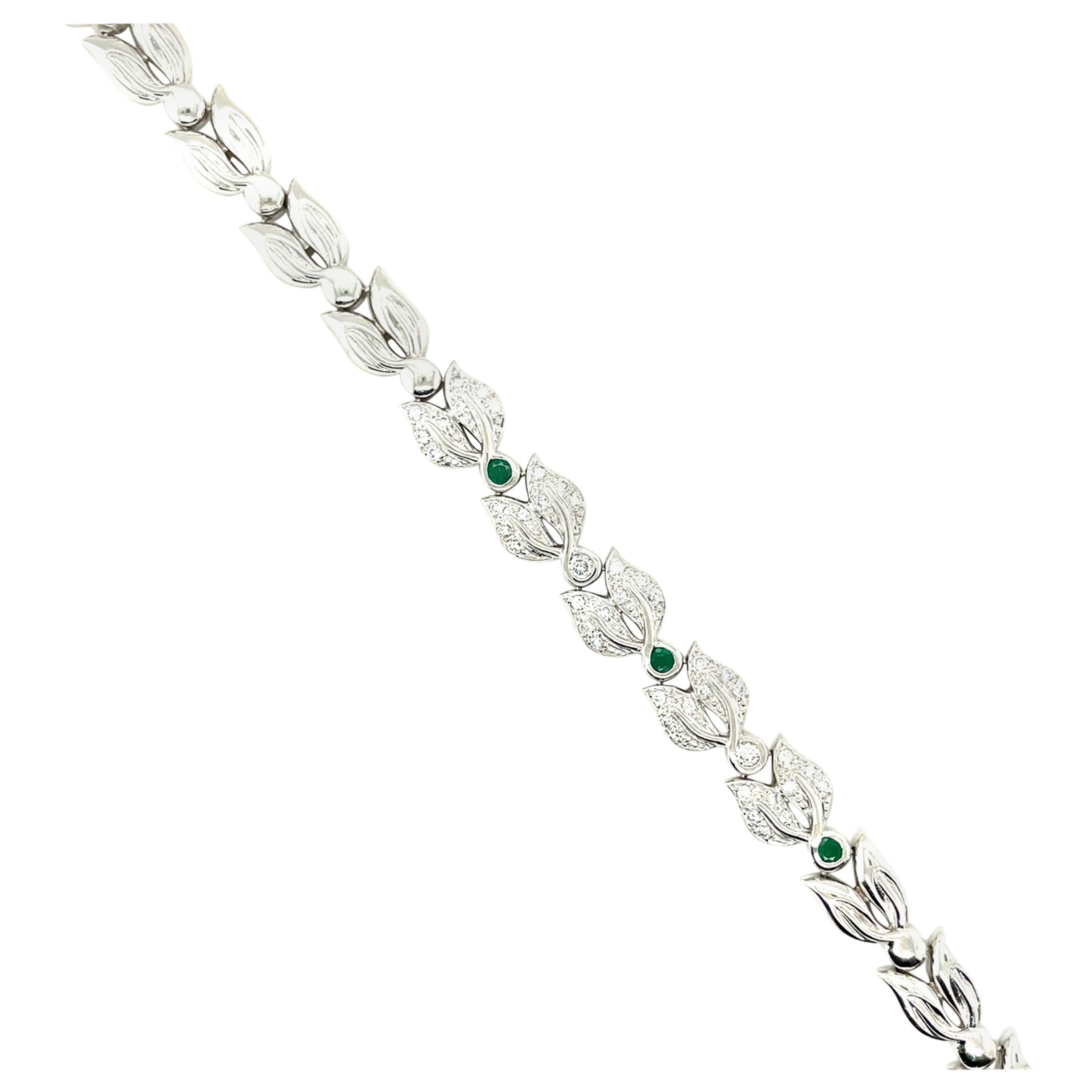 18K White Gold Diamond and Emerald Floral Bracelet For Sale