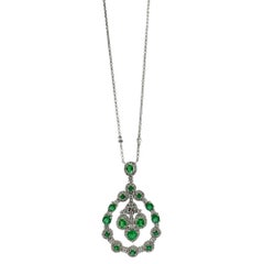 18K White Gold Diamond and Emerald Halo Circle Pendant Necklace