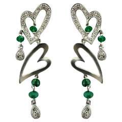 18k White Gold Diamond and Emerald Heart Drop Earrings