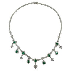 18K White Gold Diamond and Emerald Necklace - 16 inches