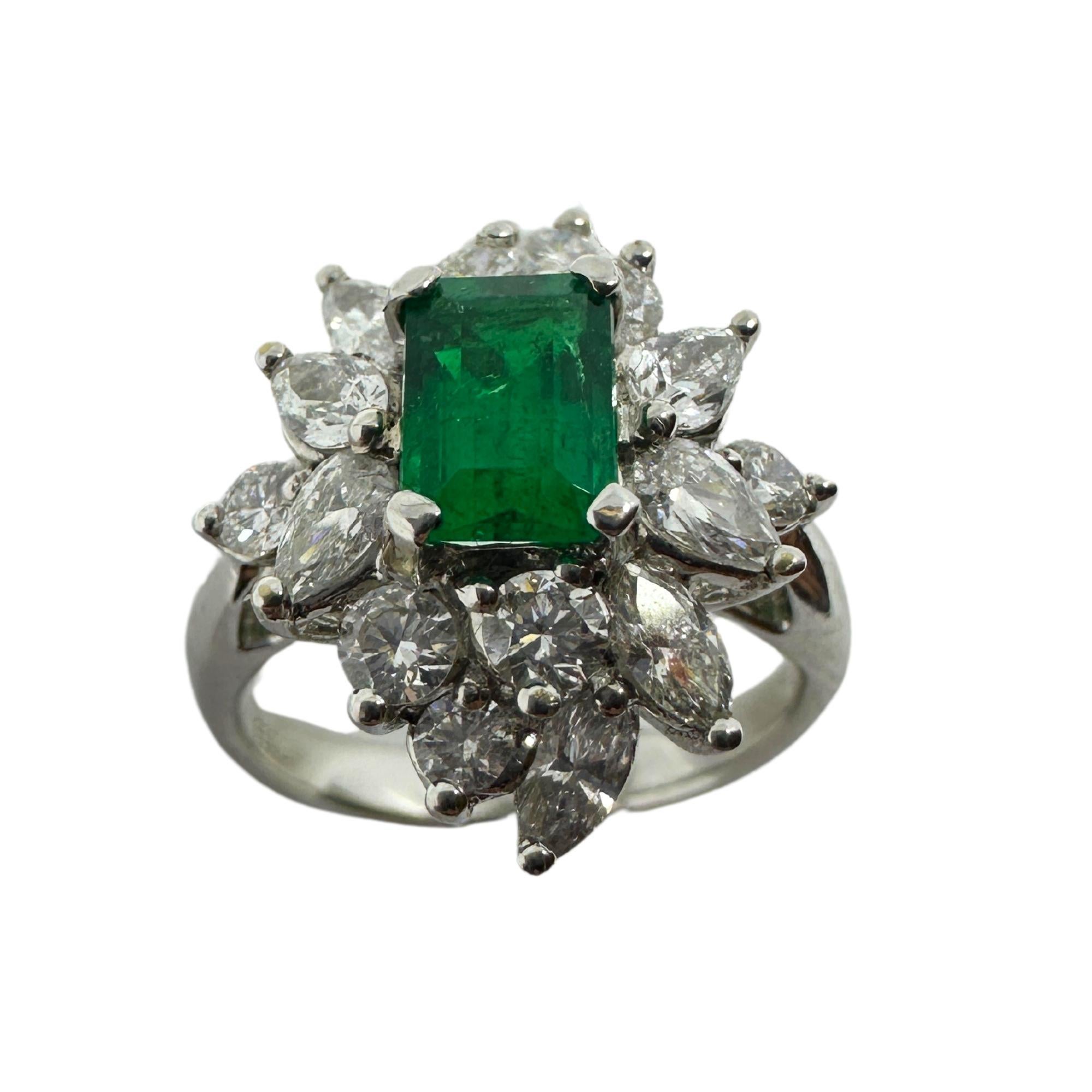 18k White Gold Diamond and Emerald Ring. 
Condition: In good condition with some minor surface wear consistent with age.
Ring size: 6
Markings: “T864” 