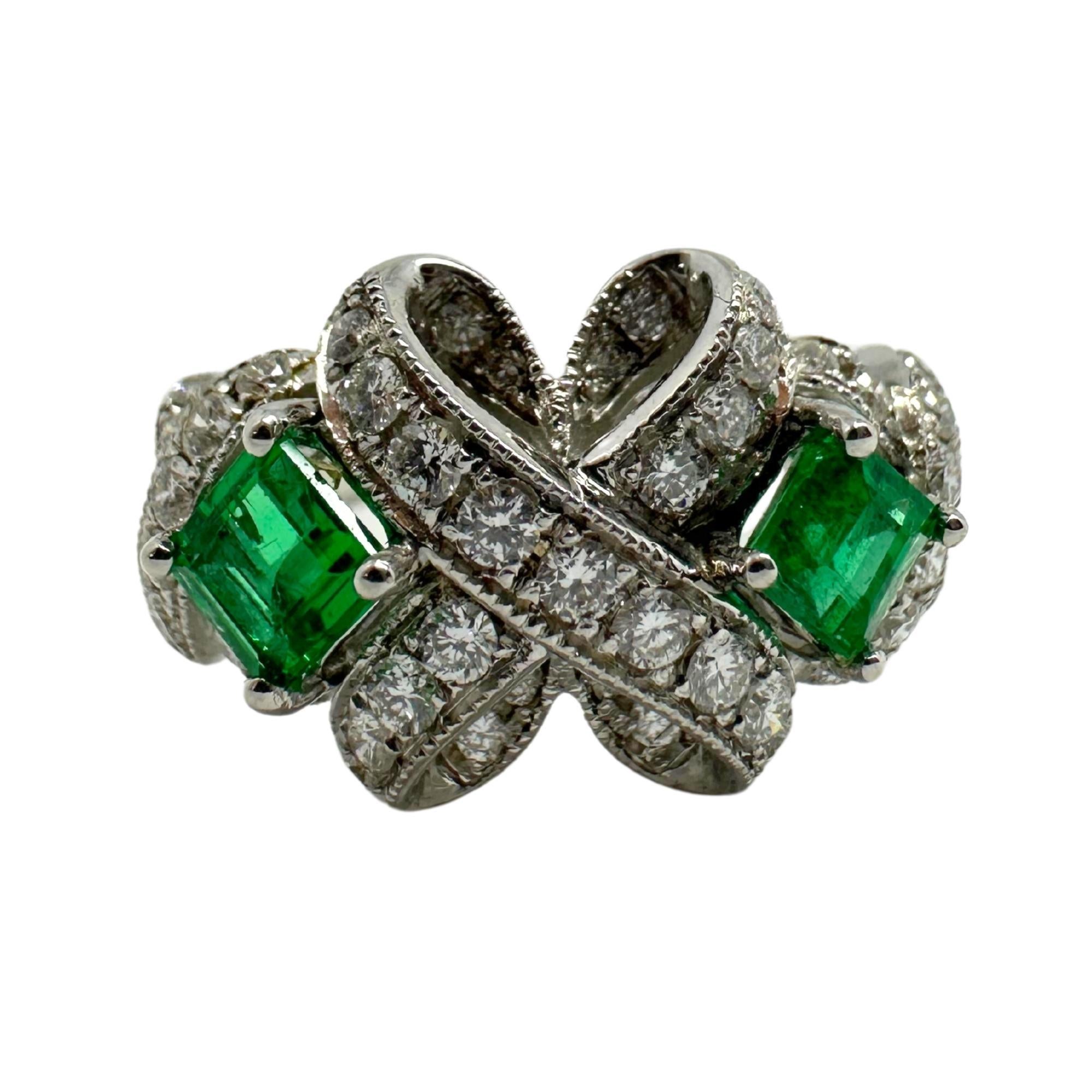 18K White Gold Diamond and Emerald Ring 
Condition: In good condition with some minor surface wear consistent with age.
Ring size: 6.25
Markings: “T1365” 