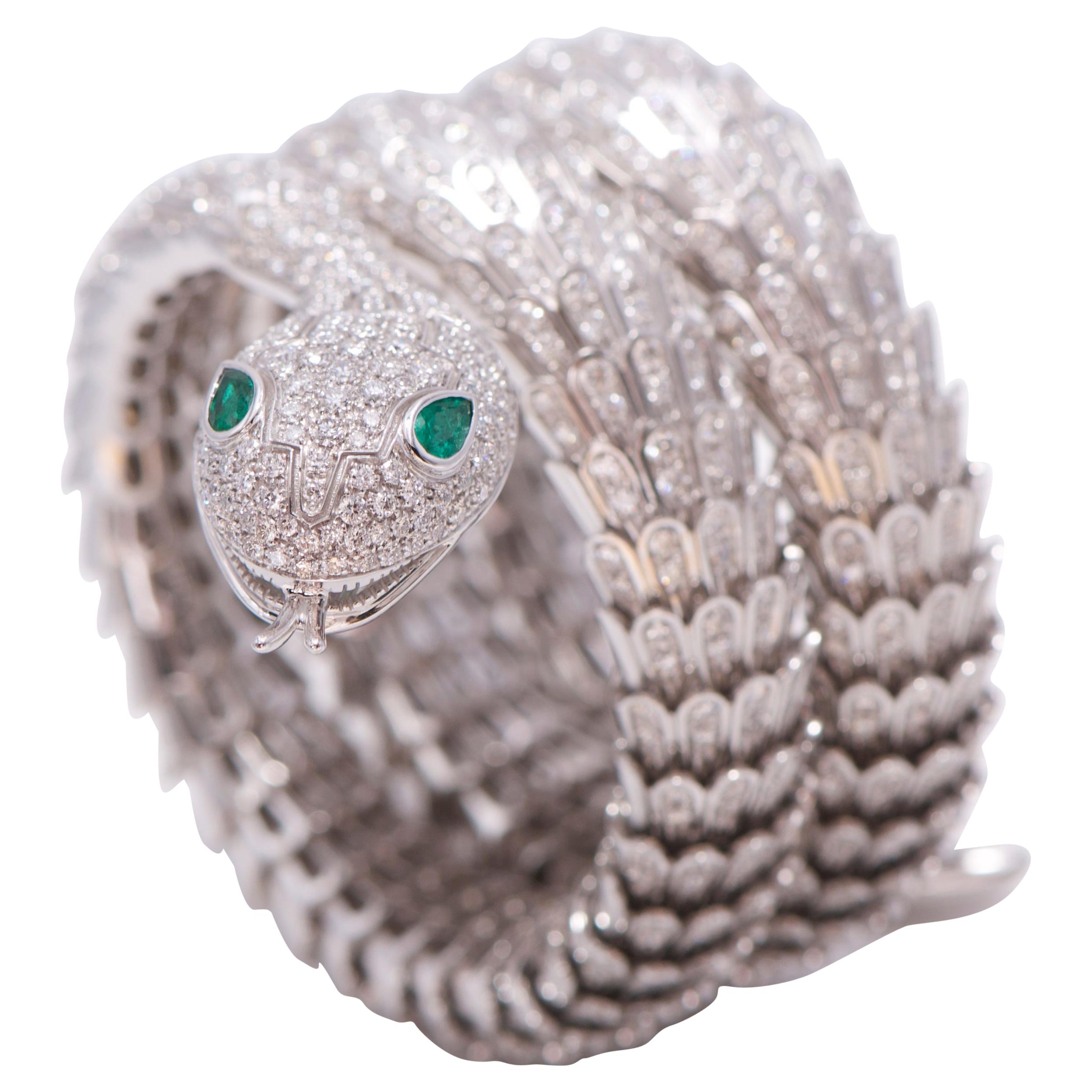 18k White Gold, Diamond, and Emerald Snake Bracelet