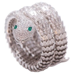 18k White Gold, Diamond, and Emerald Snake Bracelet