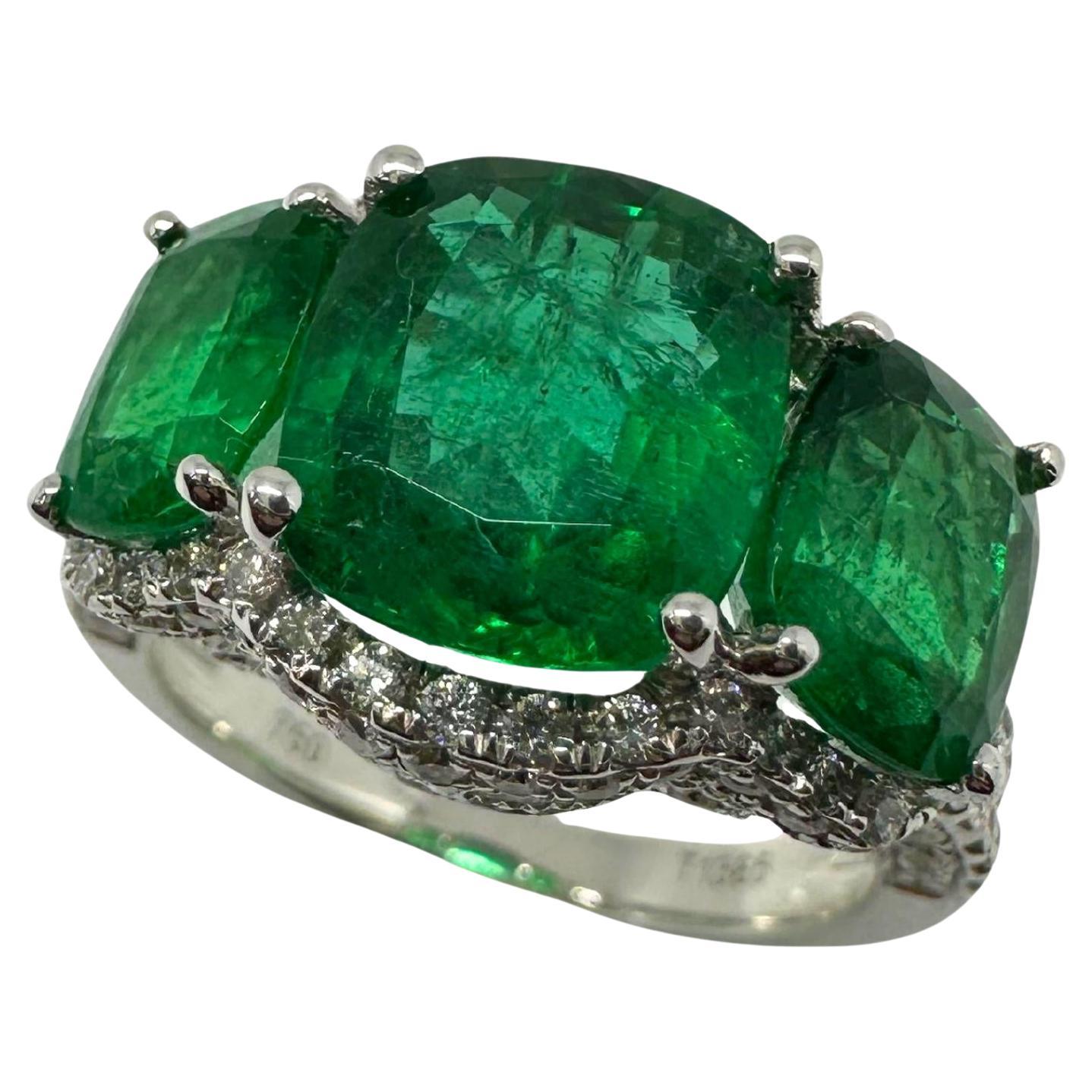 18K White Gold Diamond and Emerald Three Stone Ring