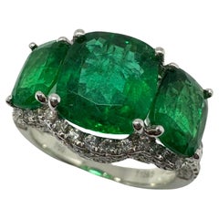 18K White Gold Diamond and Emerald Three Stone Ring