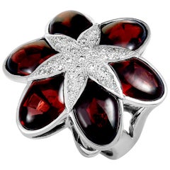 18 Karat White Gold Diamond and Garnet Cabochons Large Flower Ring