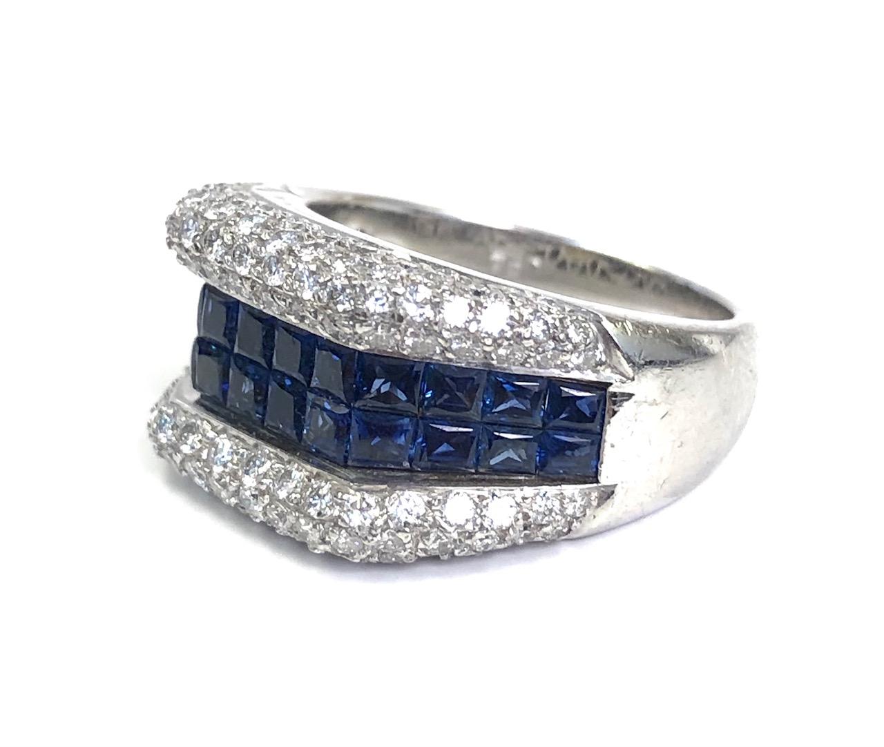 18 Karat White Gold Diamond and Invisible Set Square Sapphire Ring In New Condition For Sale In New York, NY