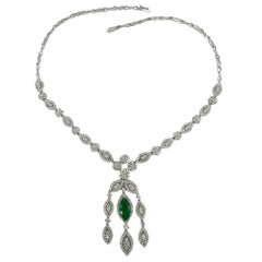 18K White Gold Diamond and Marquise Cut Emerald Drop Necklace