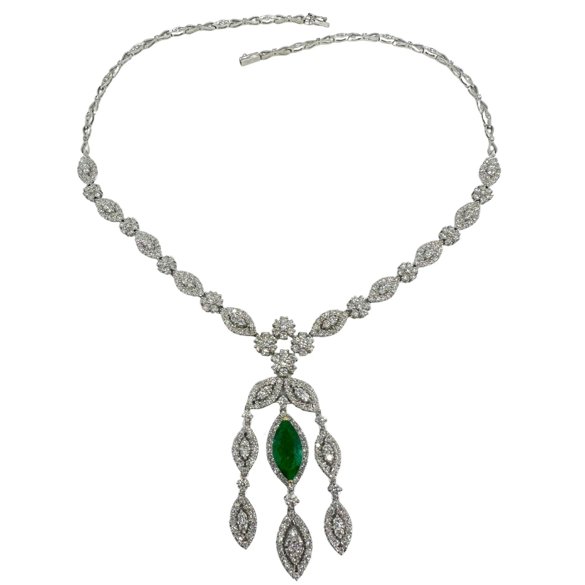 Women's 18K White Gold Diamond and Marquise Cut Emerald Drop Necklace For Sale