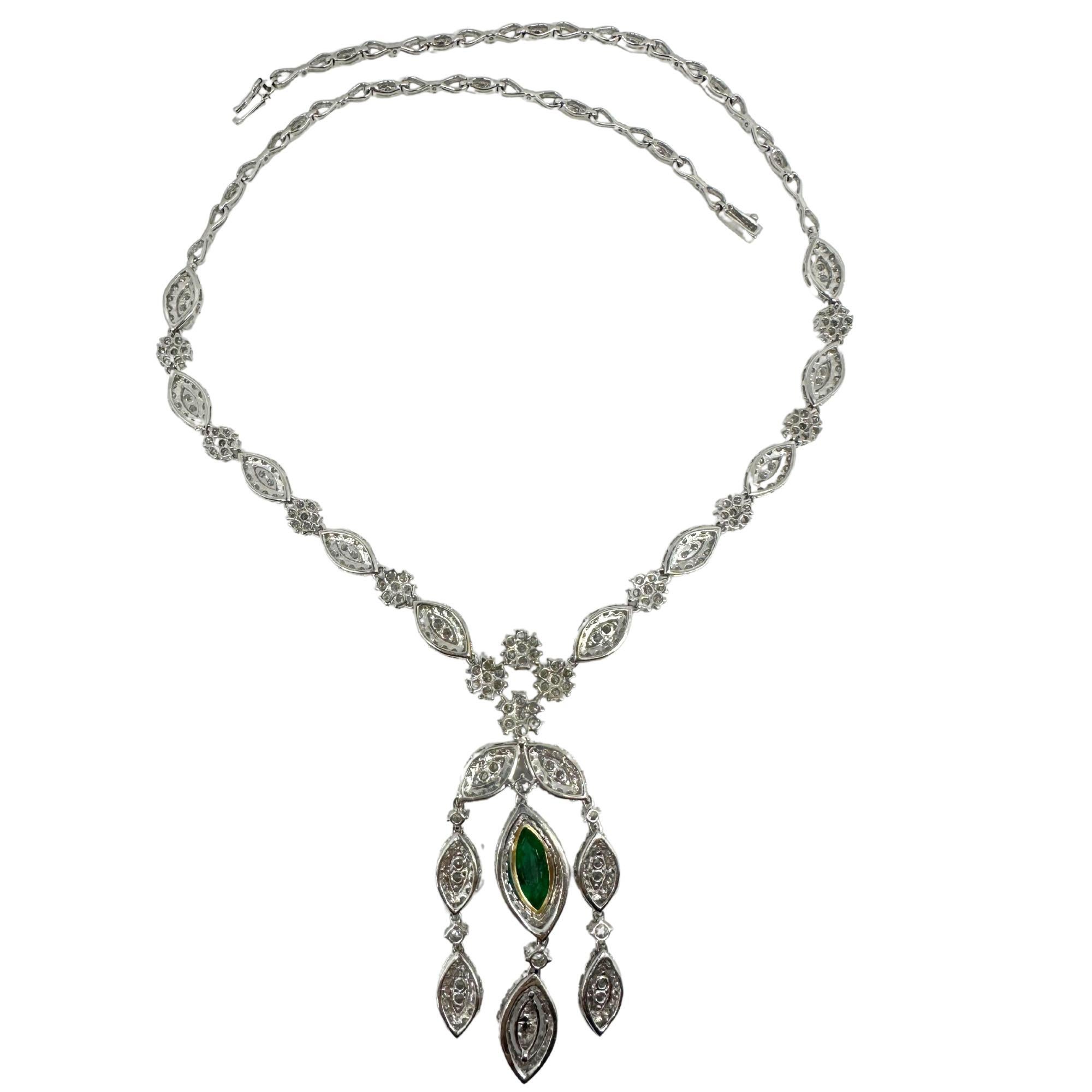 18K White Gold Diamond and Marquise Cut Emerald Drop Necklace For Sale 2