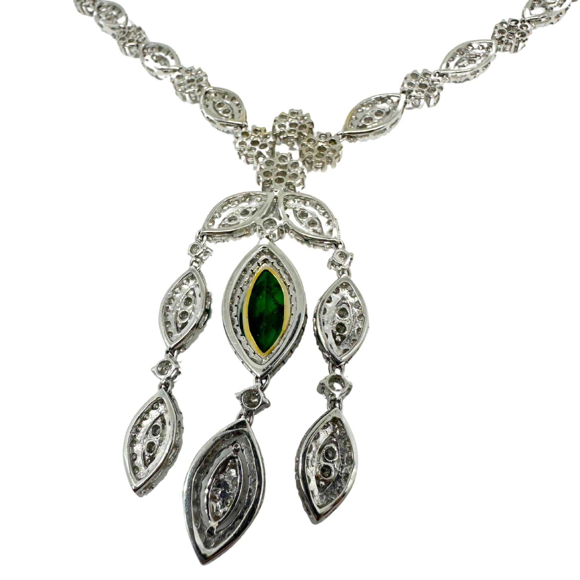 18K White Gold Diamond and Marquise Cut Emerald Drop Necklace For Sale 3