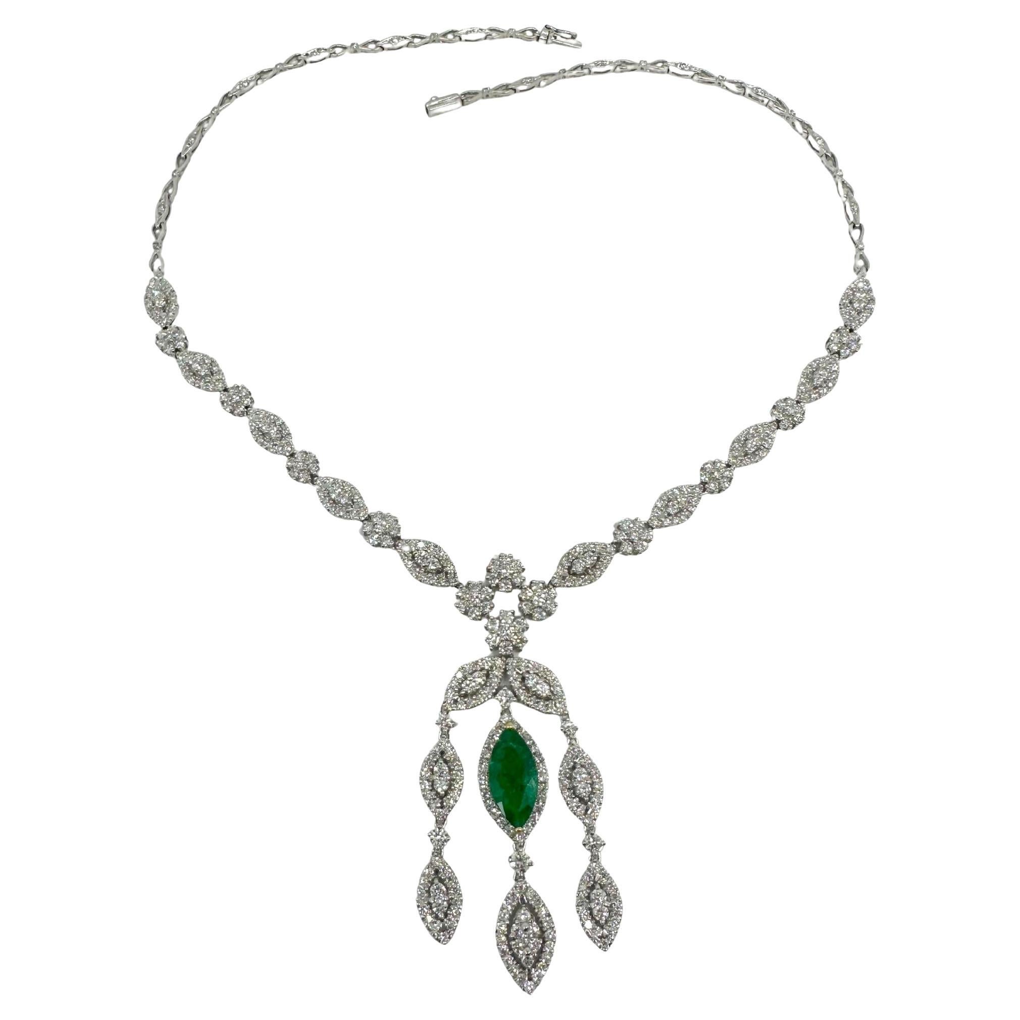 18K White Gold Diamond and Marquise Cut Emerald Drop Necklace