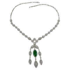 18K White Gold Diamond and Marquise Cut Emerald Drop Necklace