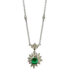 18K White Gold Diamond and Marquise Cut Emerald Pendant Necklace