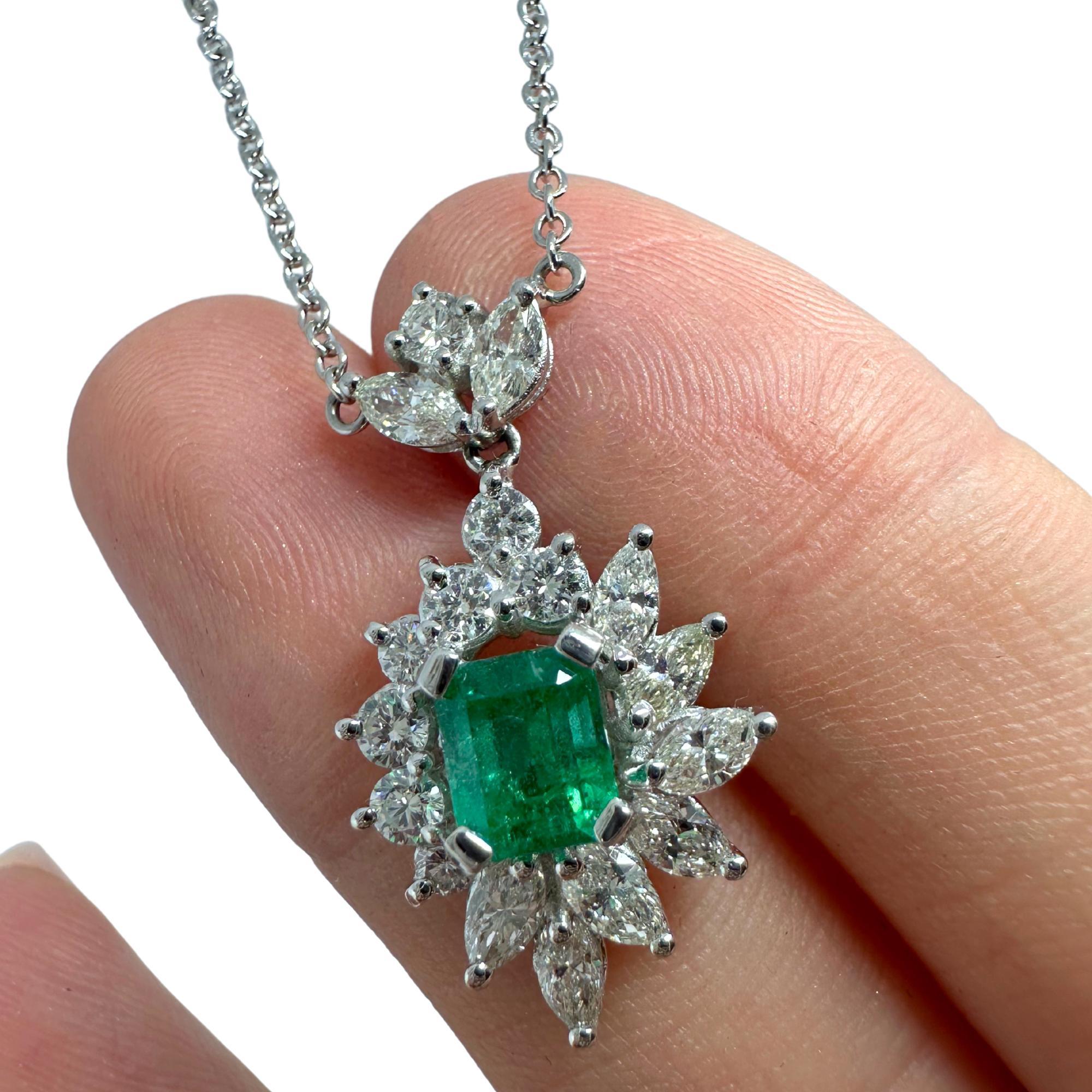 Women's 18K White Gold Diamond and Marquise Cut Emerald Pendant Necklace For Sale