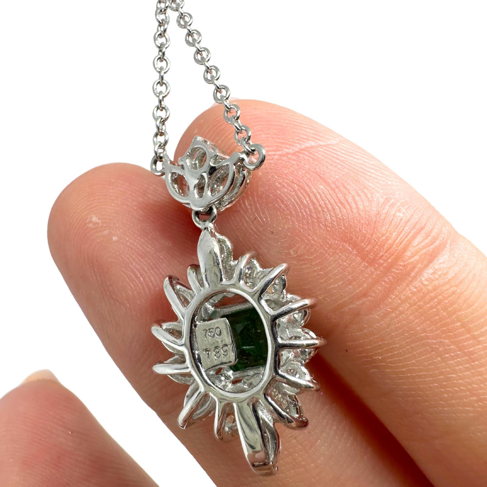 18K White Gold Diamond and Marquise Cut Emerald Pendant Necklace For Sale 1