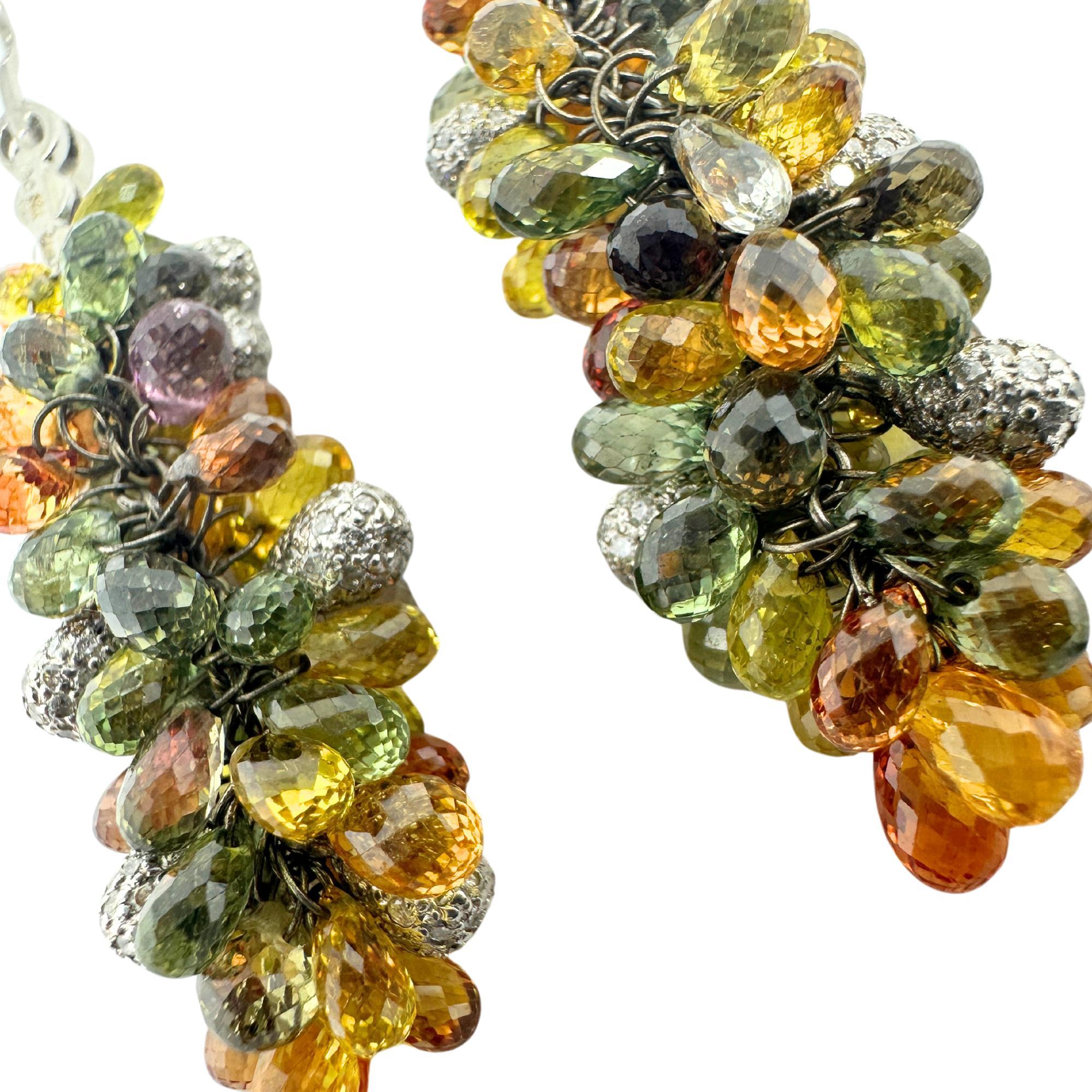 Modern 18k White Gold Diamond and Multi Color Sapphire Briolette Earrings For Sale