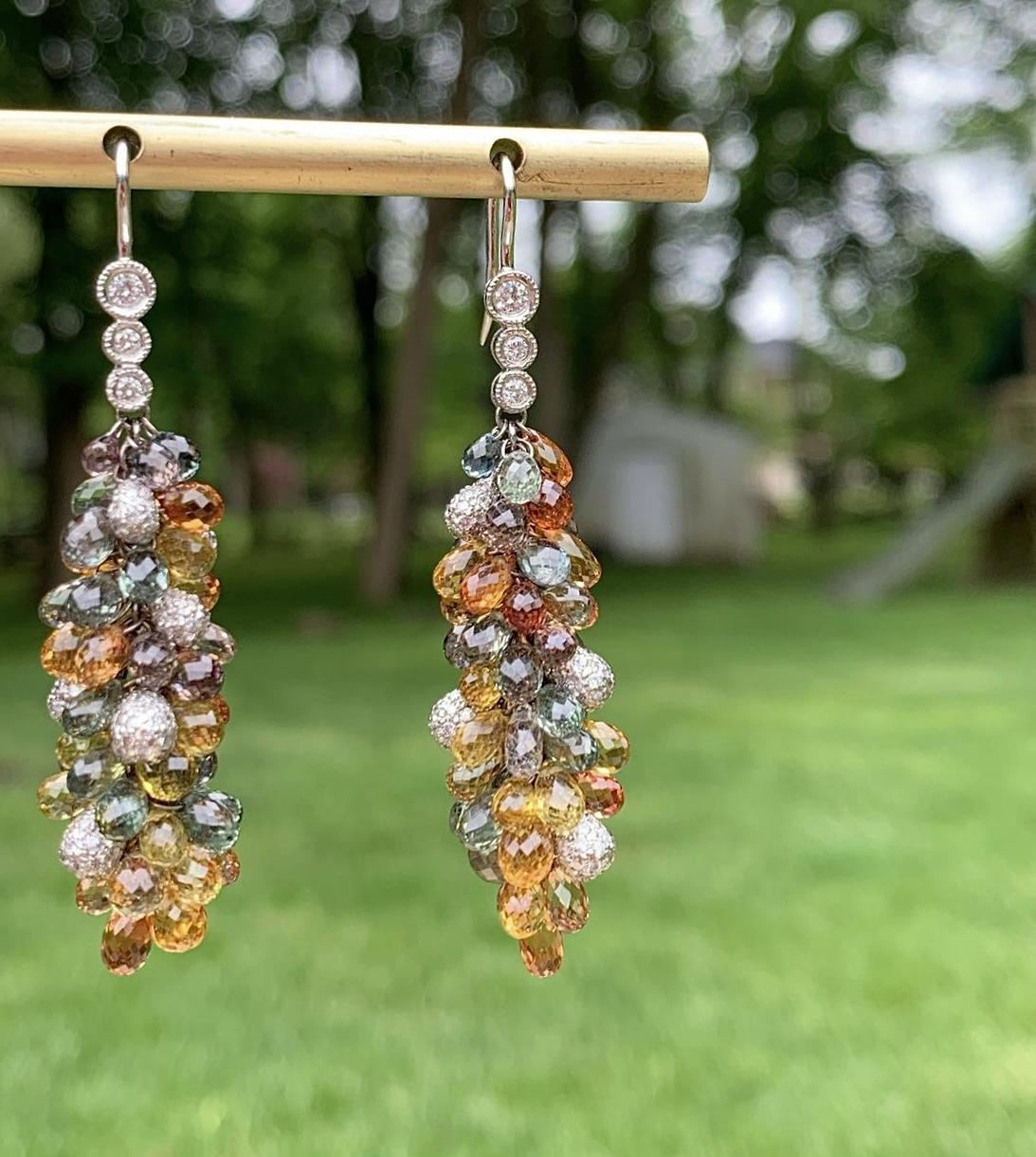 18k White Gold Diamond and Multi Color Sapphire Briolette Earrings In Good Condition For Sale In New York, NY