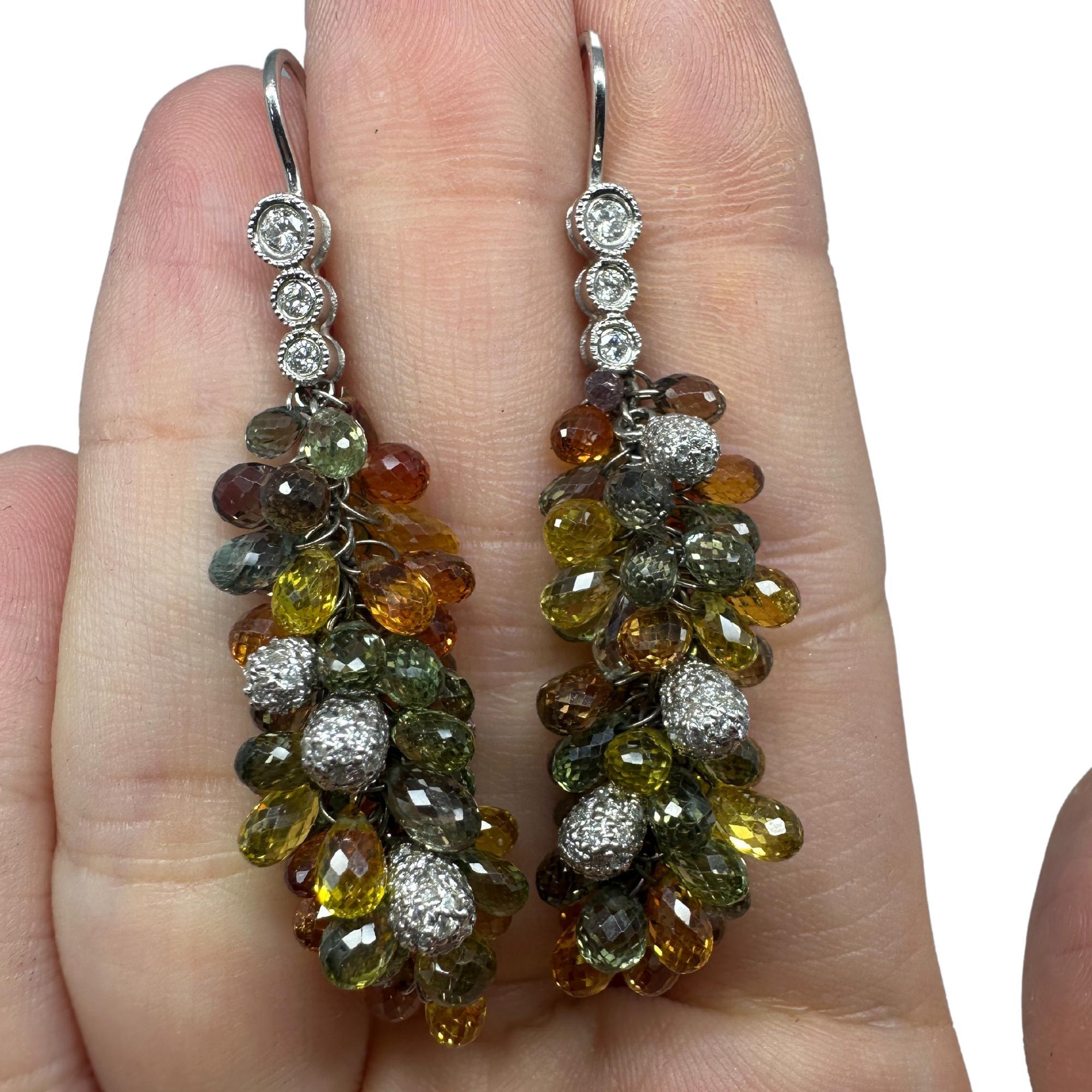 Women's 18k White Gold Diamond and Multi Color Sapphire Briolette Earrings For Sale
