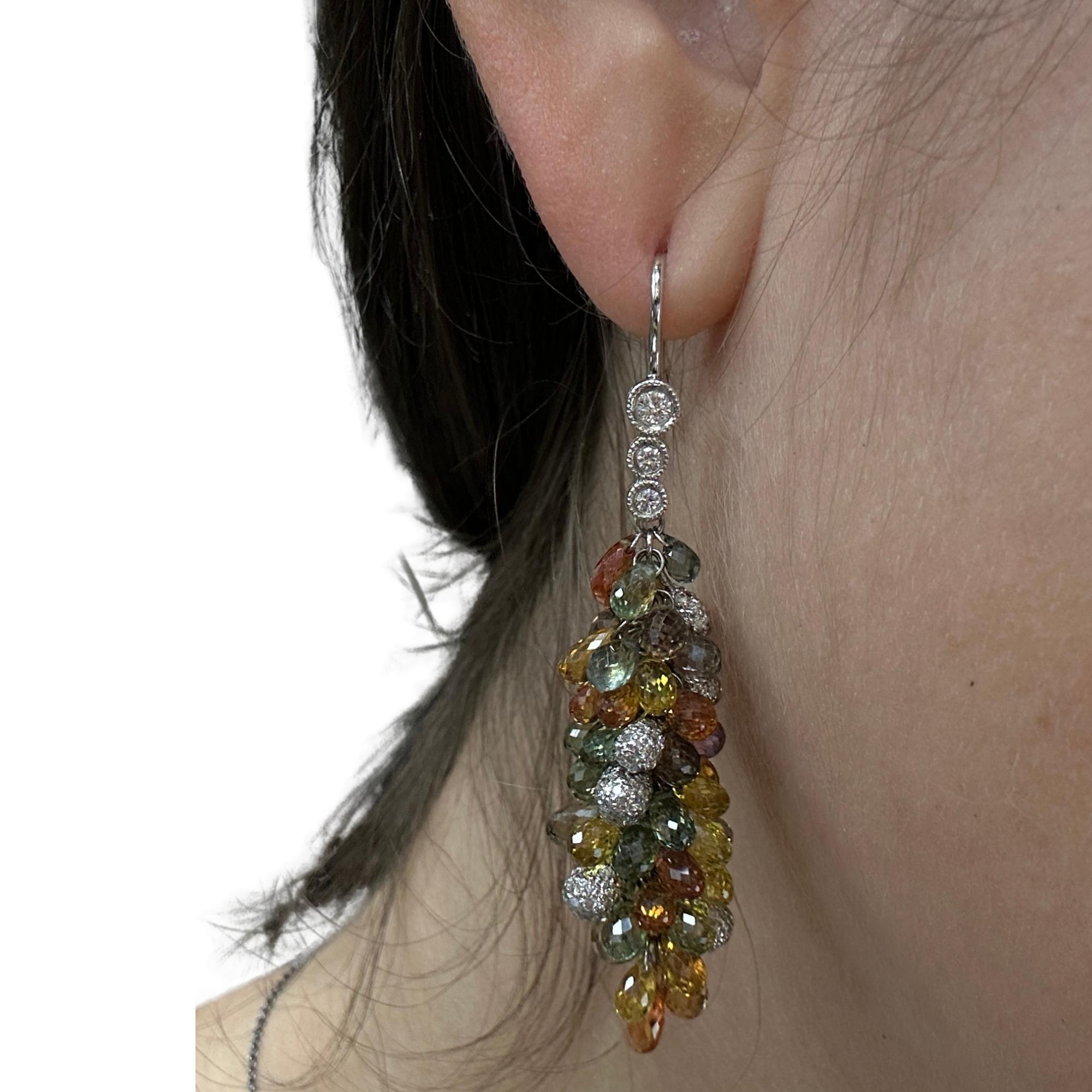 18k White Gold Diamond and Multi Color Sapphire Briolette Earrings For Sale 1