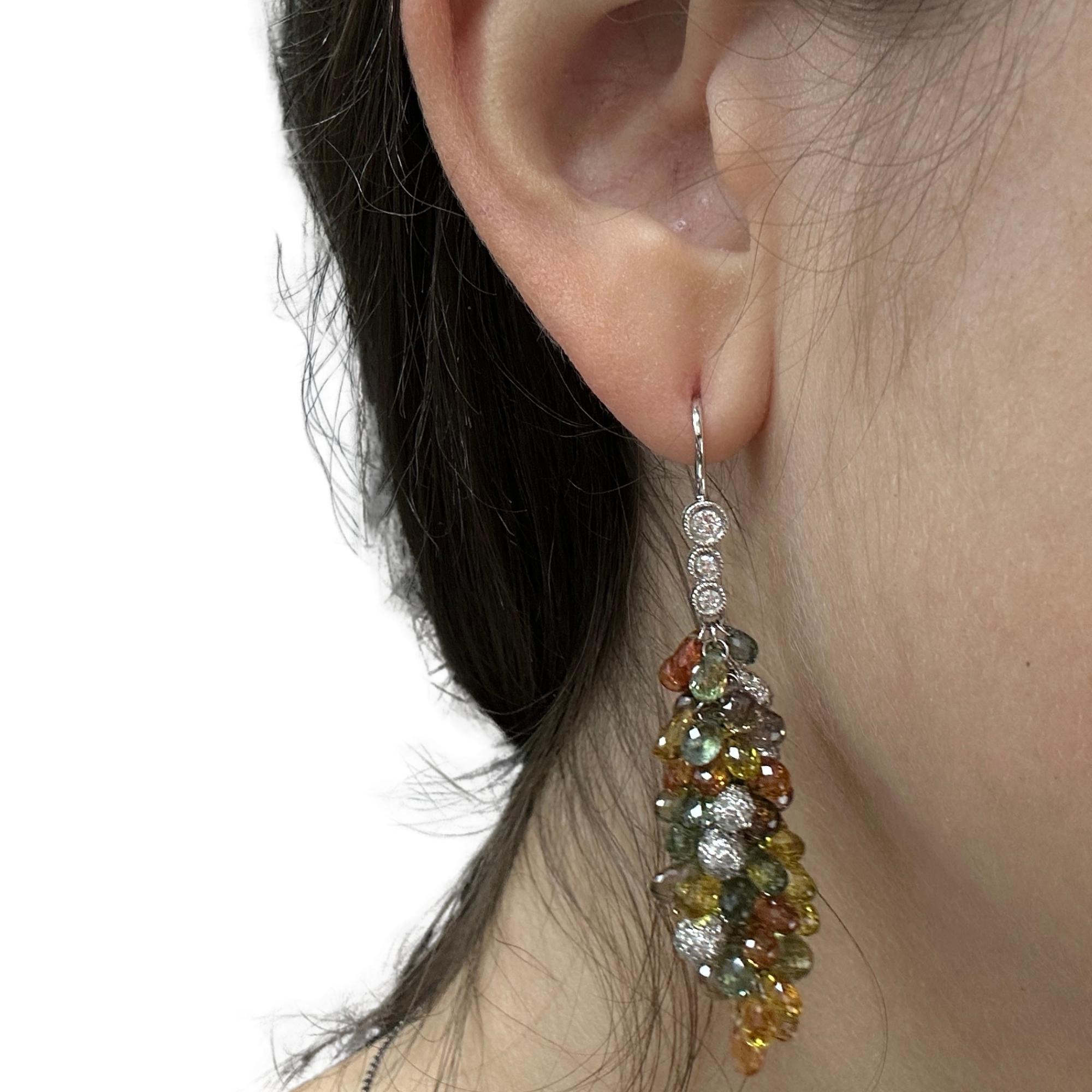 18k White Gold Diamond and Multi Color Sapphire Briolette Earrings For Sale 2