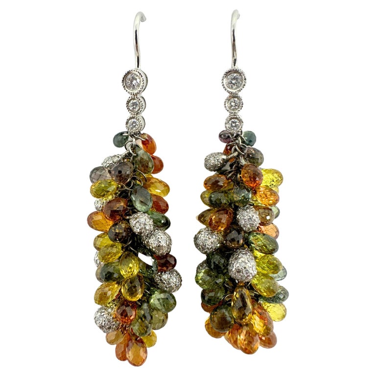 Briolette Sapphire Earrings 18k White Gold Diamond And Multi Color Sapphire  Briolette Earrings