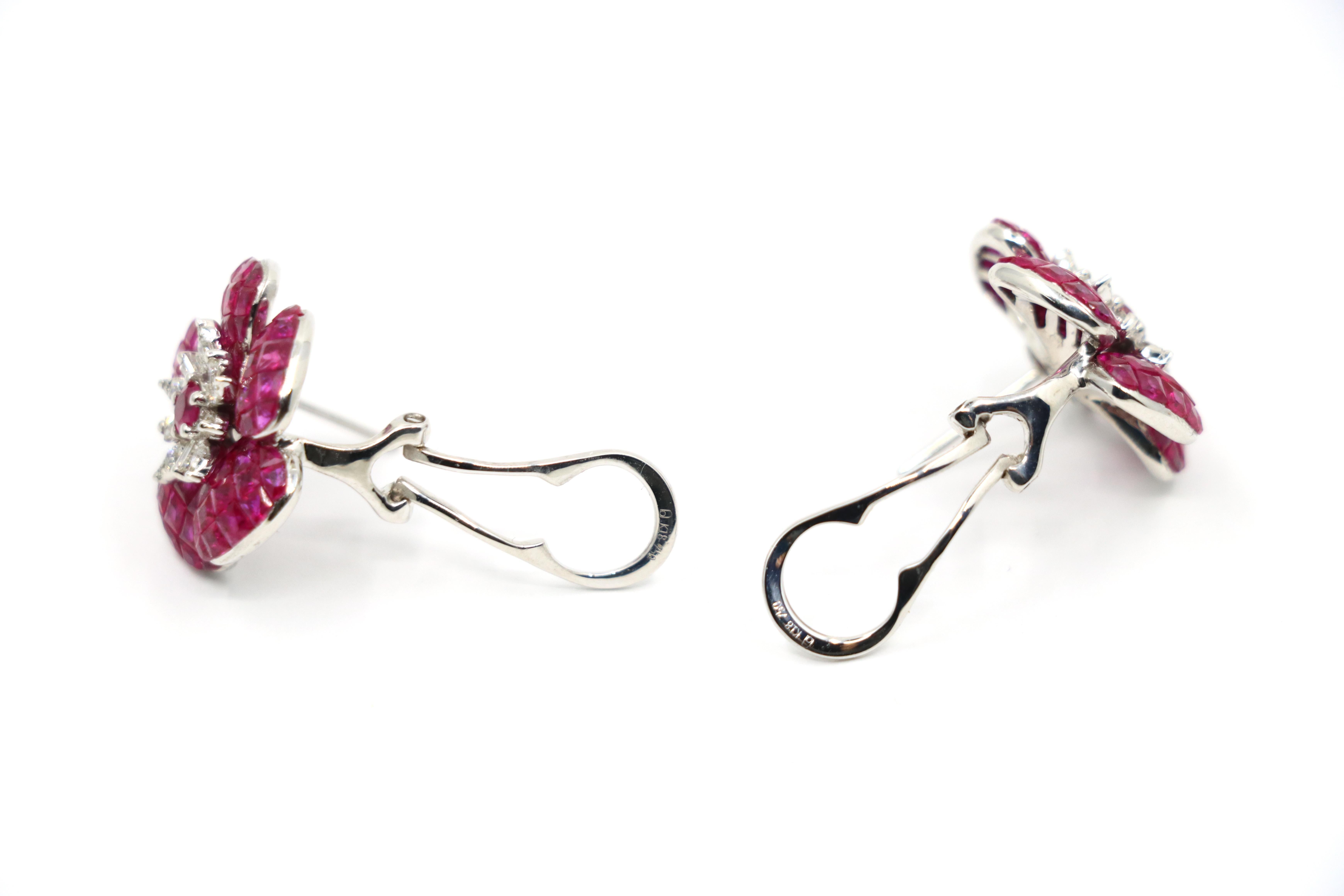 18K White Gold Diamond and Mystery Set Ruby Flower Earrings For Sale 5