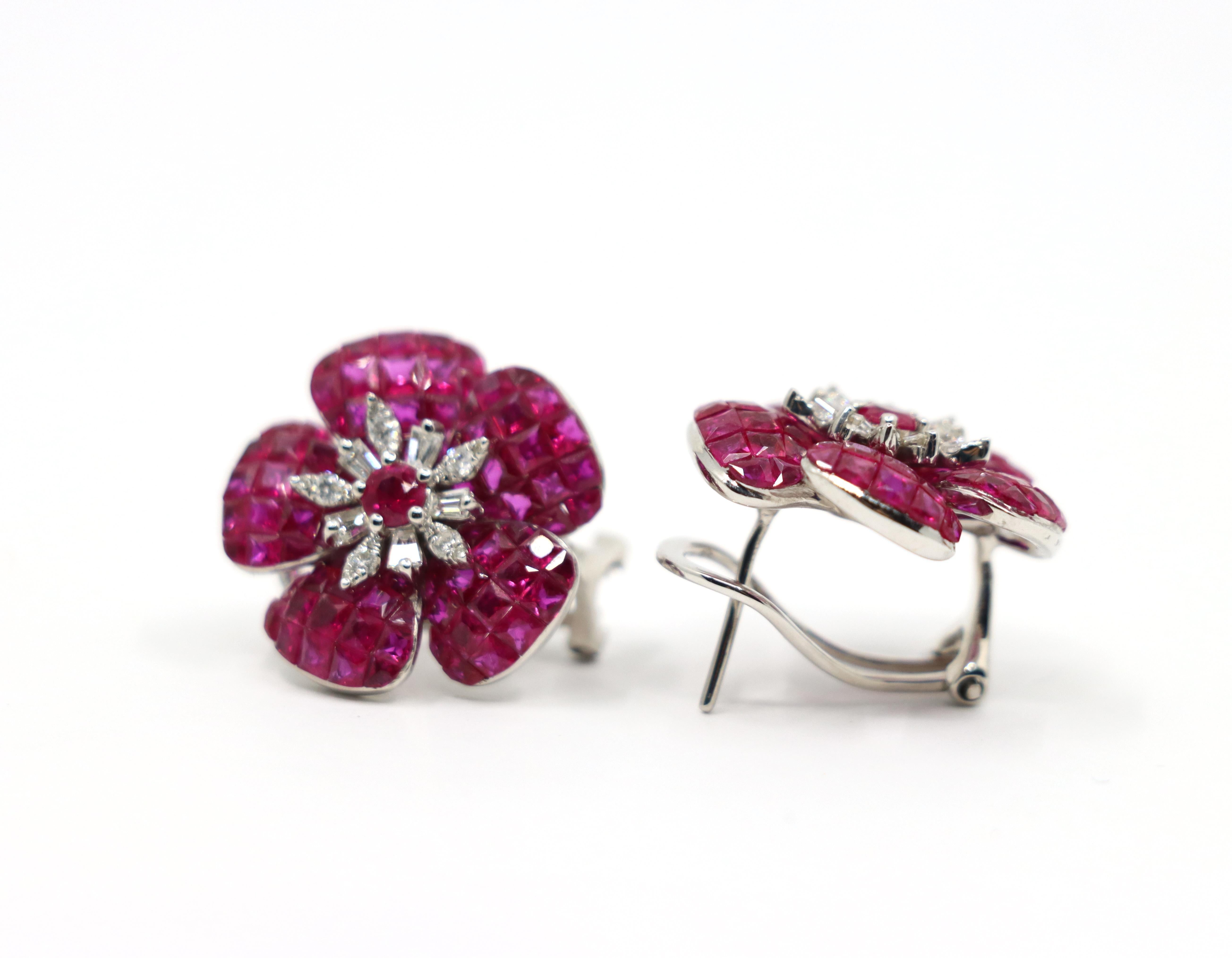 18K White Gold Diamond and Mystery Set Ruby Flower Earrings For Sale 6