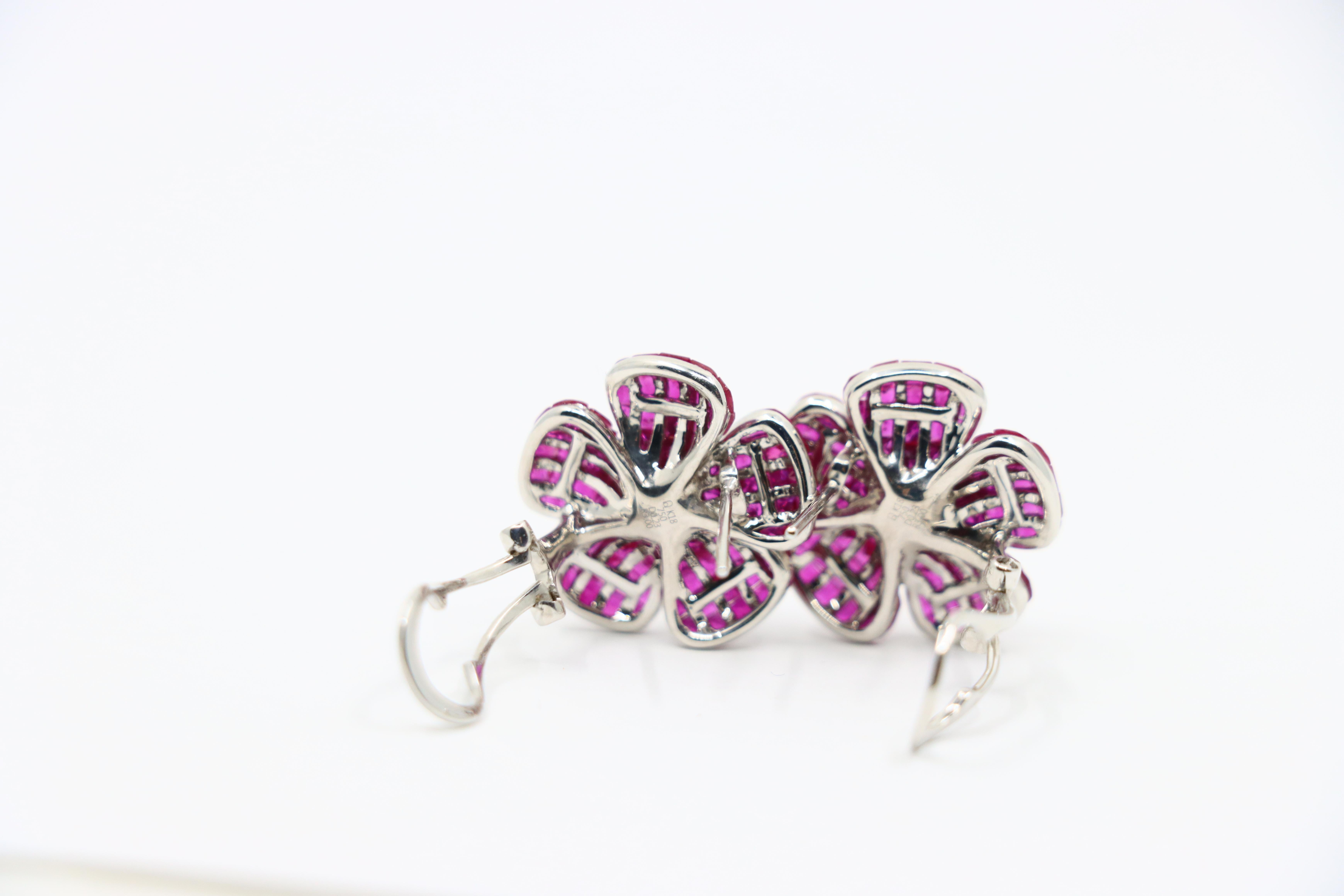 18K White Gold Diamond and Mystery Set Ruby Flower Earrings For Sale 7