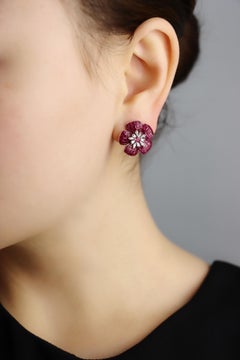 18K White Gold Diamond and Mystery Set Ruby Flower Earrings