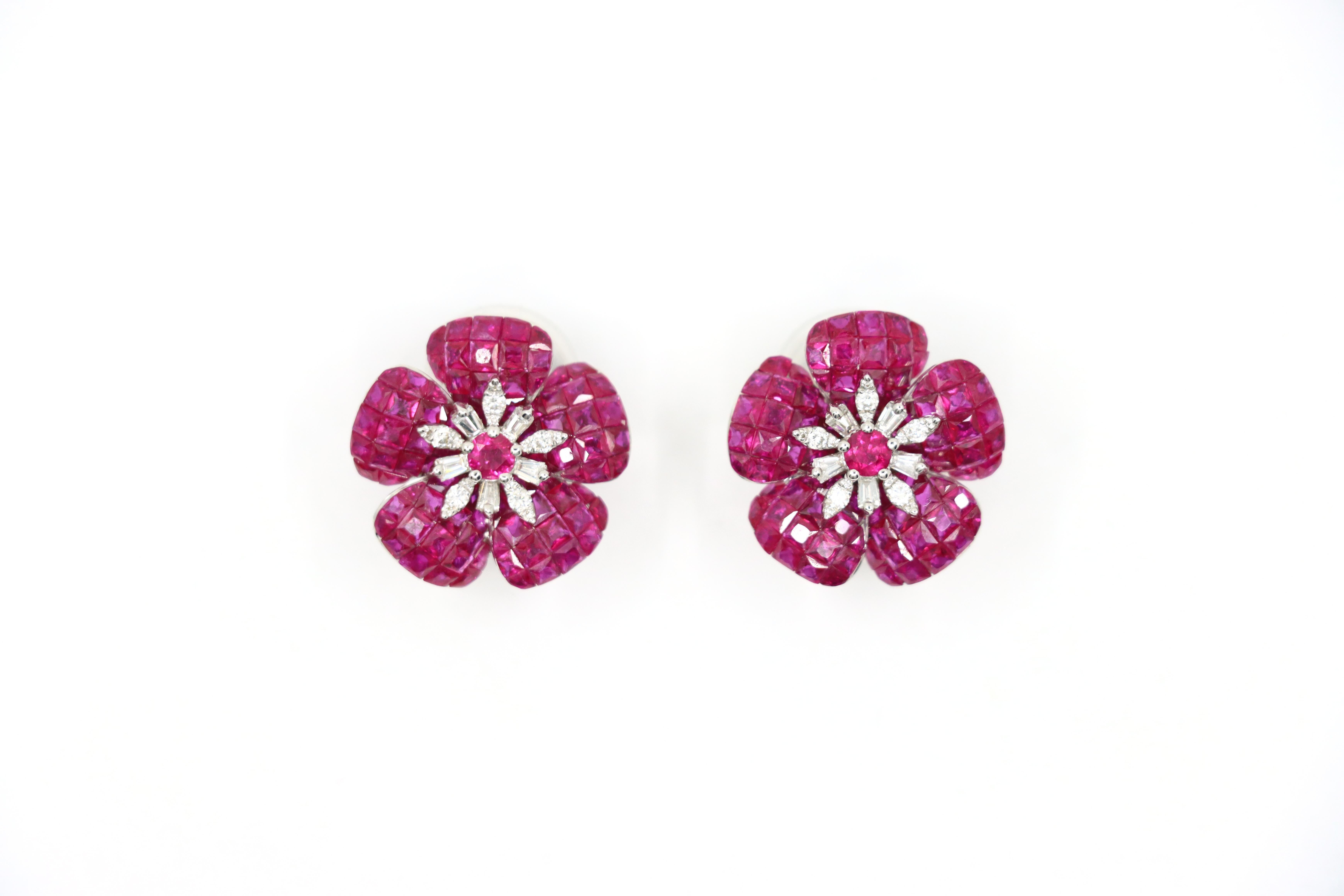 Square Cut 18K White Gold Diamond and Mystery Set Ruby Flower Earrings For Sale
